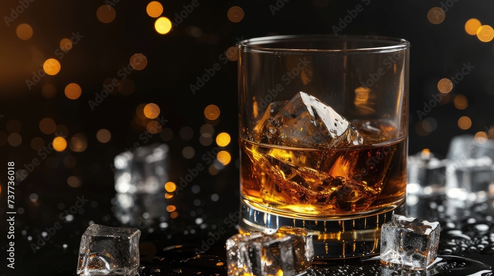 Whiskey glass, ice cubes, sleek black backdrop, Ai Generated. Whiskey glass, ice cubes, sleek black backdrop, Ai Generated.