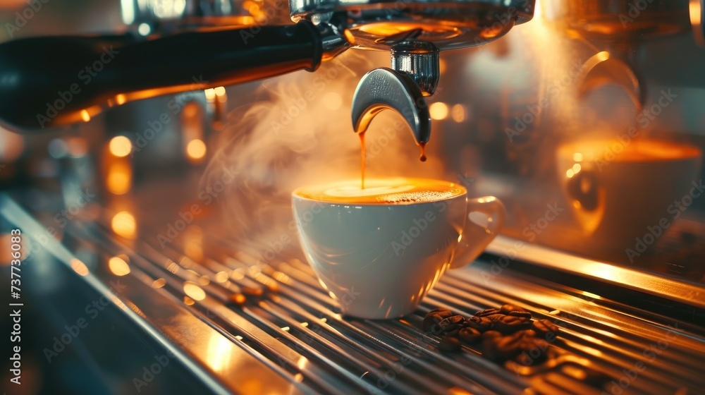 Close-up of freshly brewed coffee in professional machine, Ai Generated - obrazy, fototapety, plakaty 