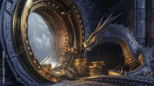 A dragon guarding a vault filled with gold coins and bitcoins symbolizing wealth and security in the digital age photo