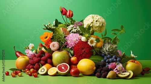 A vibrant and healthy mix of fresh fruits and flowers on a lively green backdrop. Ai Generated