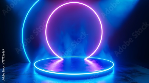 Blue Neon Stage: 3D Light Game Podium with Hologram Platform Background