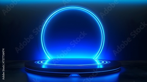 Dynamic Stage: 3D Light Game Podium with Blue Neon Hologram Background