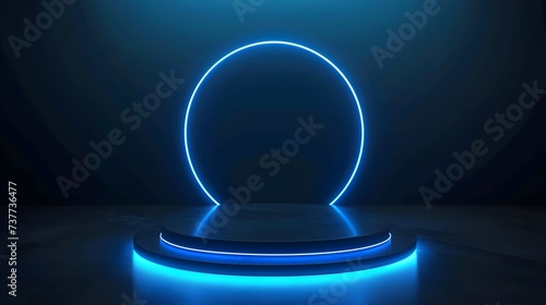 Neon Hologram Platform  3D Light Game Podium with Blue Circle Stage