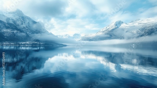 Icy blue mountain lake view. Serene and picturesque, Ai Generated.