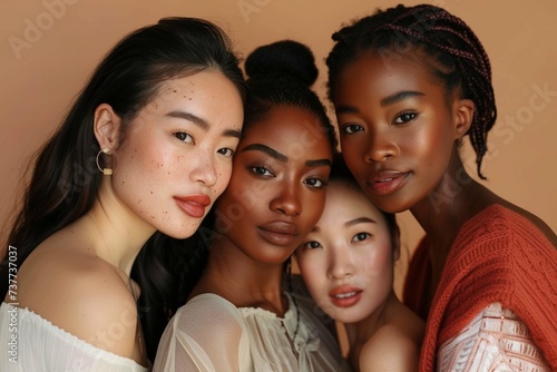 Beauty. Multi Ethnic Group of Woman's with different types of skin together and looking on camera. Diverse ethnicity women - Caucasian, African and Asian posing and smiling against beige background photo