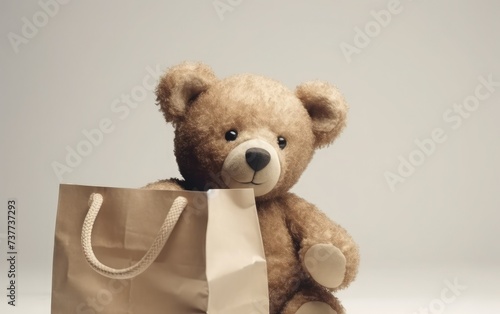 Teddy bear toy and paper shopping bag on white background, children's toys promotion advertising, children's gifts, children's birthday invitation card cover
