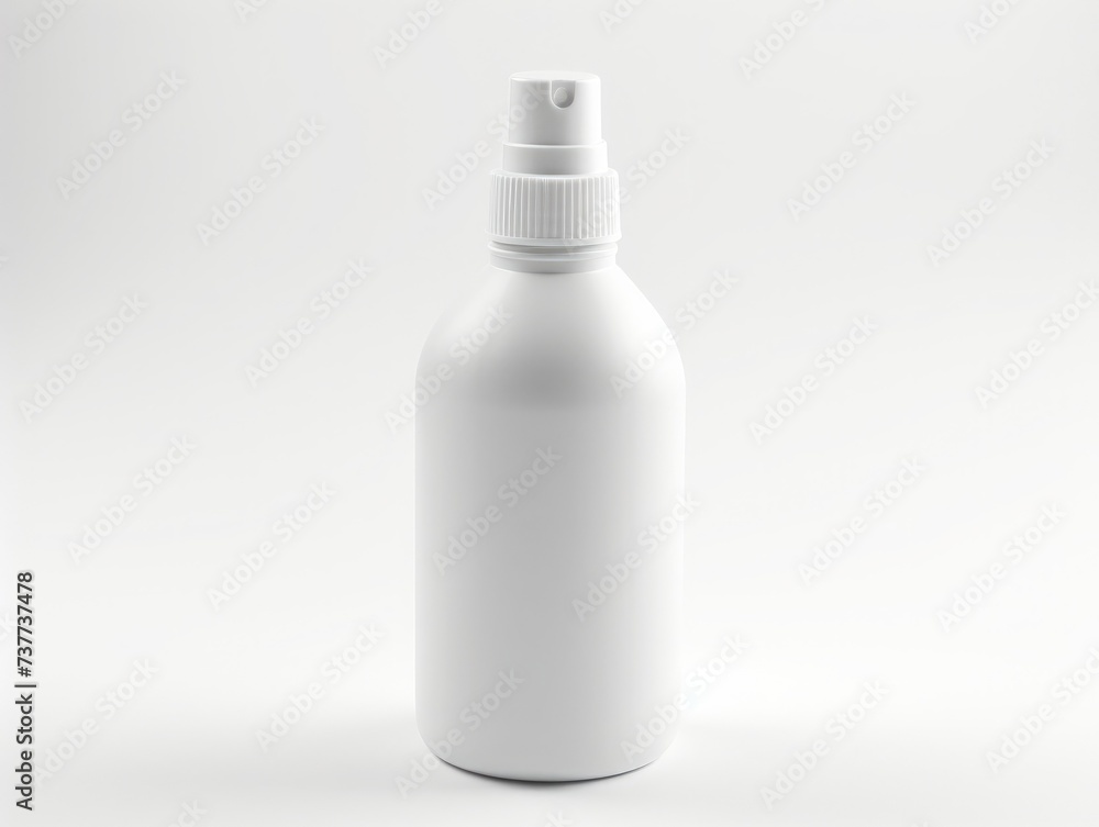 White push spray bottle on white background, plastic bottle mockup with push spray nozzle, cosmetic push bottle