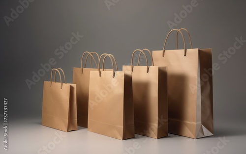 Unmarked paper shopping bags of different sizes neatly arranged, promotional discount background, eco-friendly shopping bags, seasonal promotion, summer sale