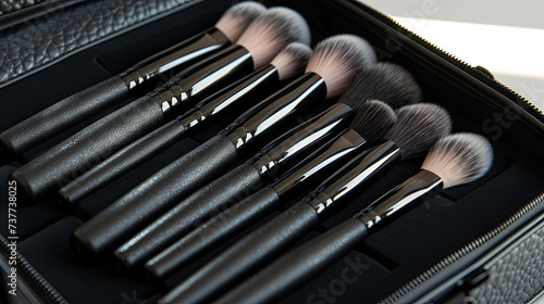 Case with black set of woman makeup brushes on table © Taisiia