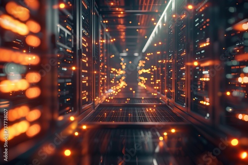 server room in perspective form Beautiful orange light, blurred background, network room concept, data storage