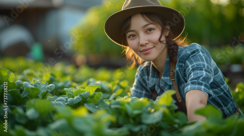 A thoughtful young female farmer stands among vibrant tomato plants in a lush, sunlit greenhouse, reflecting sustainable agriculture.