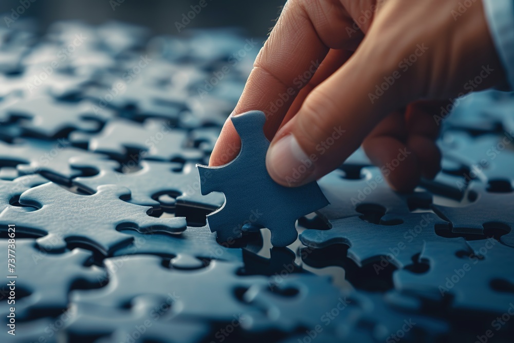 Close-up of a businessman's hand skillfully holding a puzzle piece, contributing to a business or art-related activity on a table with a puzzle board, reflecting teamwork or problem-solving leadership Close-up of a businessman's hand skillfully holding a puzzle piece, contributing to a business or art-related activity on a table with a puzzle board, reflecting teamwork or problem-solving leadership