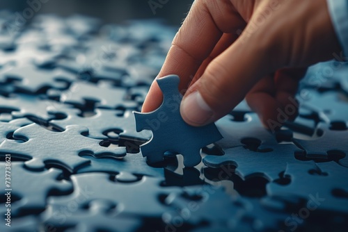 Close-up of a businessman's hand skillfully holding a puzzle piece, contributing to a business or art-related activity on a table with a puzzle board, reflecting teamwork or problem-solving leadership