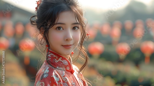 A Chinese girl standing in the tea garden , wearing festive Chinese New Year-specific clothing. Generative AI.