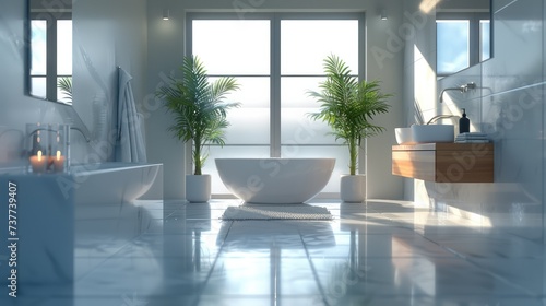Modern large bathroom with white and gray. Generative AI.