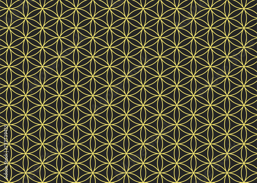 Abstract dark grey and yellow flower of life seamless pattern. Outline genesis sacred geometry texture vector template.