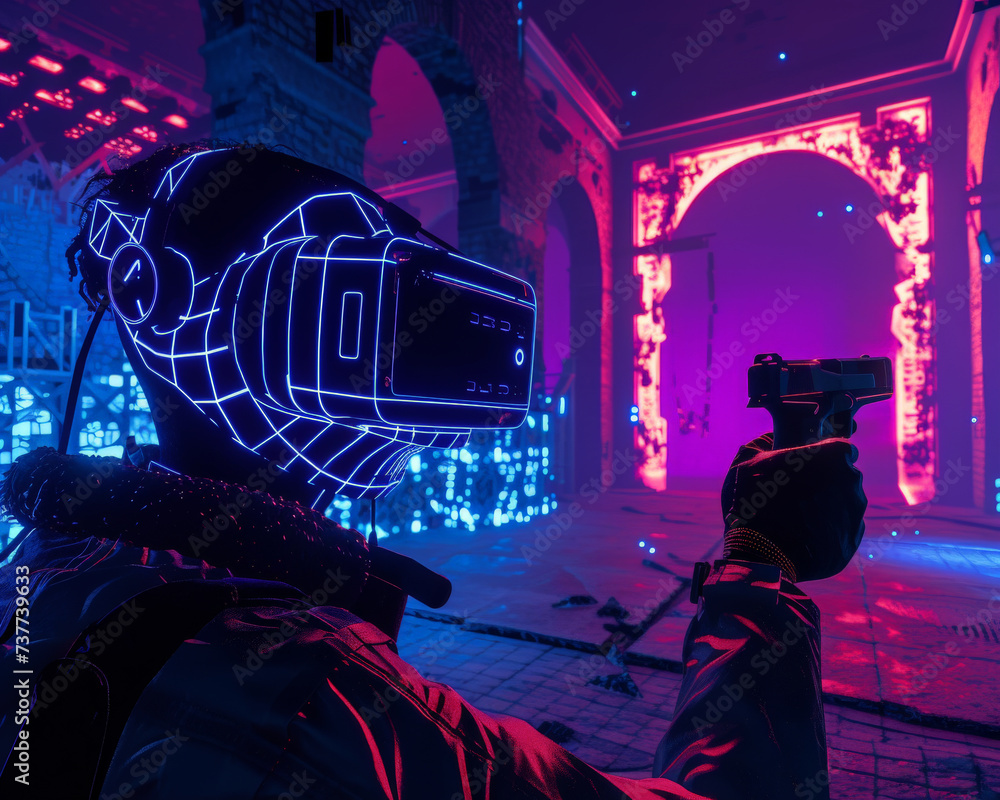 A hackers quest in a VR world where neon puzzles unlock the gates to ultimate cyber security