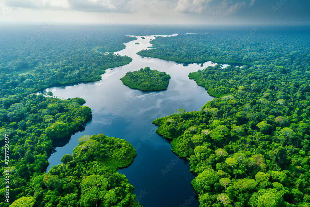 Aerial view of the Amazon rainforest, showcasing the lush green environment and waterways in a tropical landscape