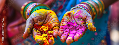 Banner with close up hands with piles of powder. Concept of Holi festival in India. 