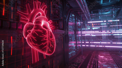 A hackers neon heart beats in sync with cyber security codes in a VR realm where light conquers darkness