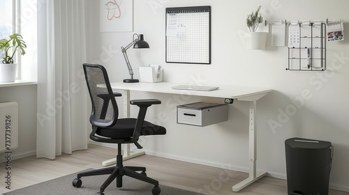 Clean and Simple Study Space with White Desk and Black Chair © ArquitecAi