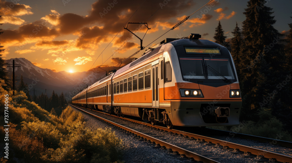 Fototapeta premium A modern train driving on railroad tracks between coniferous trees and mountains under sky during summer day.