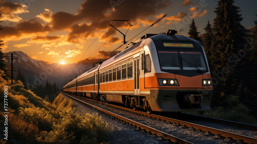 A modern train driving on railroad tracks between coniferous trees and mountains under sky during summer day.
