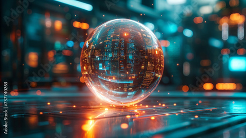 A glowing crystal ball hovering in a spacelike environment with data and projections swirling inside it. This abstract depiction represents the everchanging and unpredictable