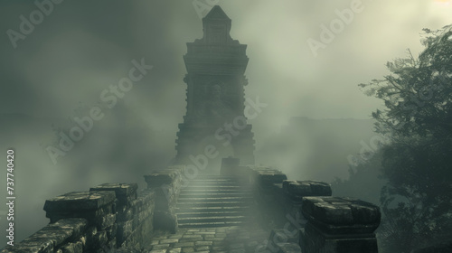 A mystical fog envelops an ancient war monument where warriors of old are remembered their legacy enduring through the centuries photo