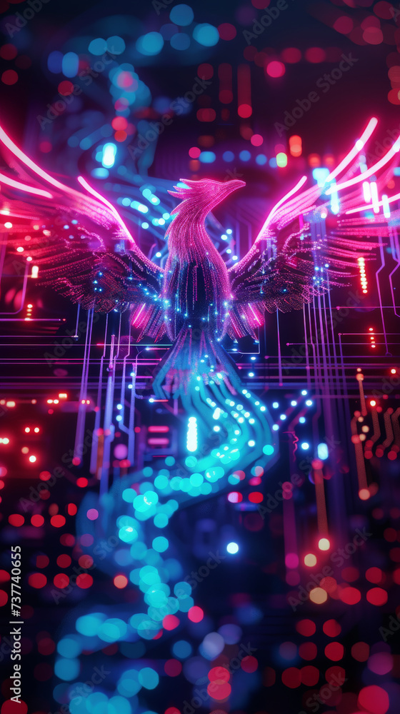 A neon phoenix rises from cyber ashes its wings spreading light over dark threats to VR security