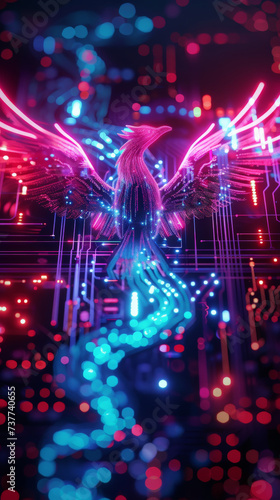 A neon phoenix rises from cyber ashes its wings spreading light over dark threats to VR security