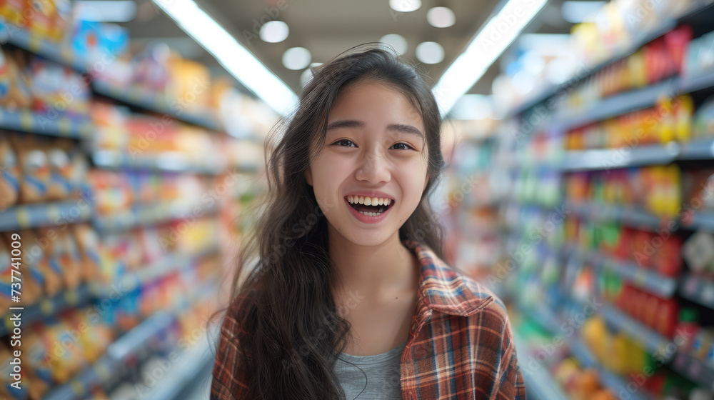 Beautiful Asian teen shopping super happy excited in big store. Generative AI.