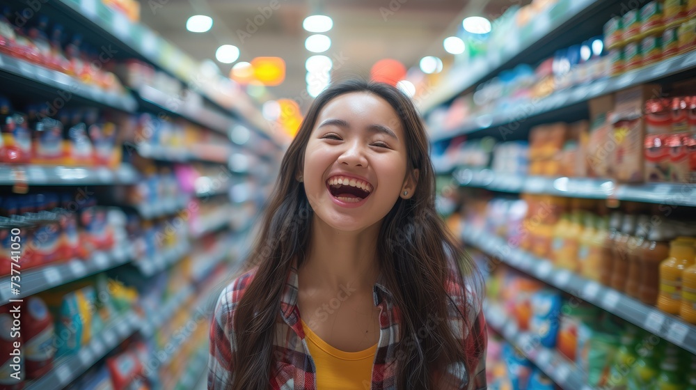 Beautiful Asian teen shopping super happy excited in big store. Generative AI.