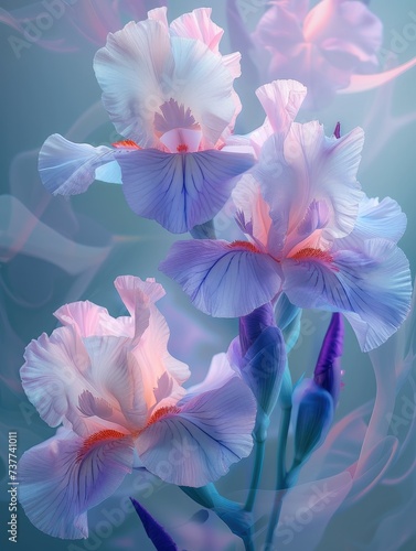3D, white and pink iris with purple flowers. Generative AI.