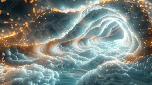 Ethereal waves of light cascading through a maze of crystalline structures. Generative AI.