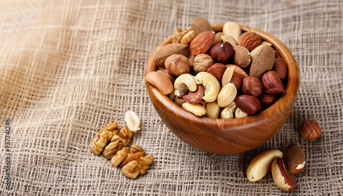 Mix of different nuts in a wooden cup against the background of fabric from burlap Nuts as structu photo