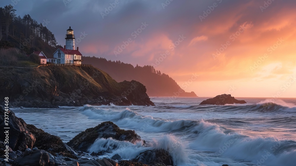 Dramatic Sunset at White Lighthouse on Rocky Coast with Turbulent Waves