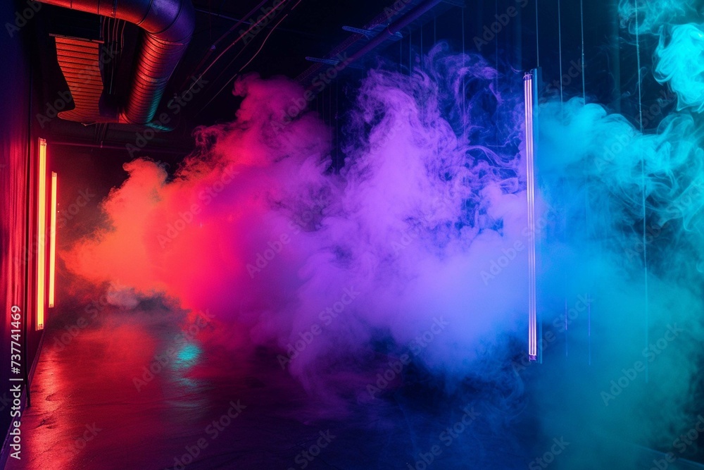 Neon background with colorful smoke in the room