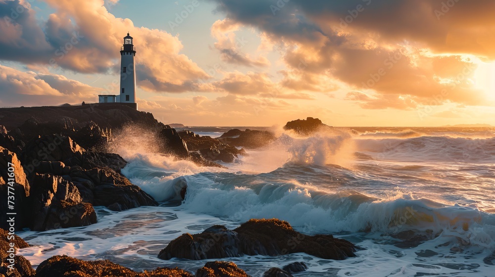 Coastal Lighthouse at Dusk: Dramatic Sky, Crashing Waves, and Rocky Landscape Coastal Lighthouse at Dusk: Dramatic Sky, Crashing Waves, and Rocky Landscape