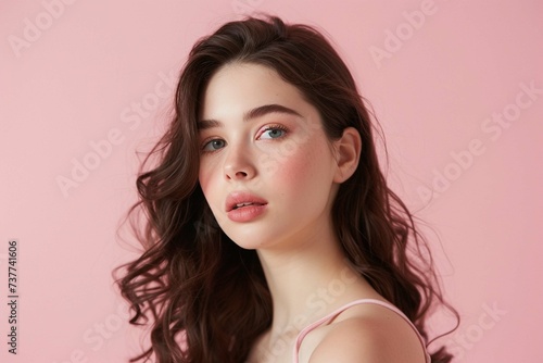 Portrait of a lovely young woman isolated on pink background