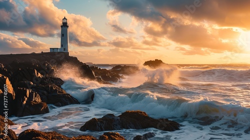 Coastal Lighthouse at Dusk: Dramatic Sky, Crashing Waves, and Rocky Landscape