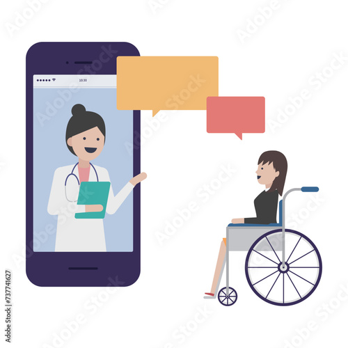 スマホでスマートにオンライン診療を受ける車いすに乗った若い女性