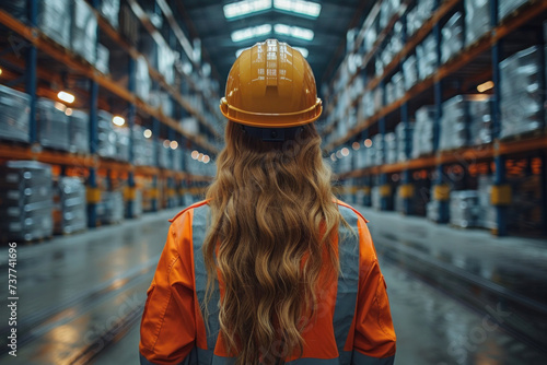 Back view of a worker female in modern warehouse.