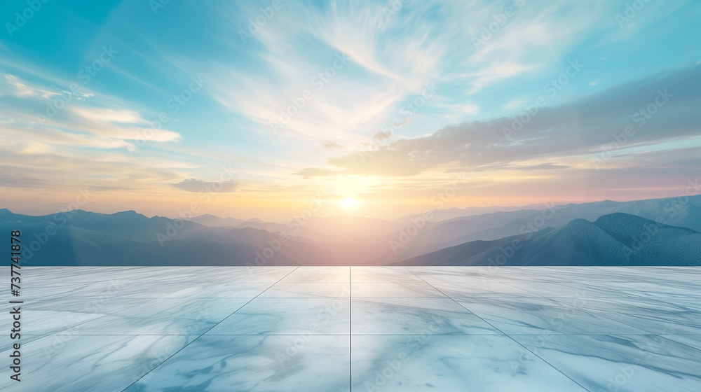 Tranquil sunrise over mountain landscape with expansive marble floor foreground, offering copy space for text or design elements