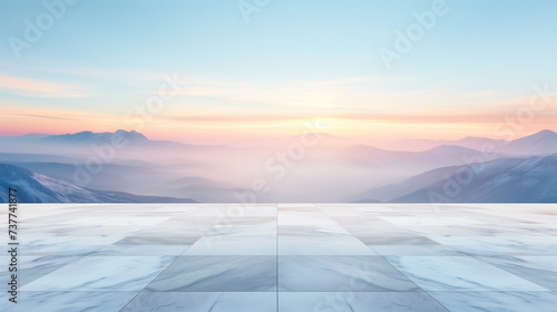 Marble floor leading to a serene mountain landscape at sunrise with soft, pastel skies and ample copy space for text or background