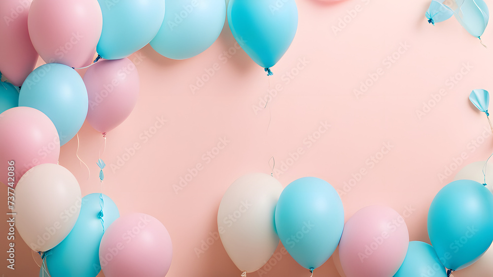 Spring pastel color balloons on the pastel background, space for text. Perfect for wedding, birthday party, baby shower, love-themed event, women's health event, spring celebration. Space for text.