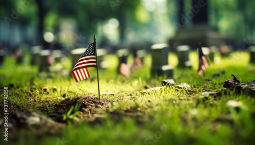 Military cemetery adorned with American flags, honoring fallen heroes and veterans in a solemn Memorial Day tribute