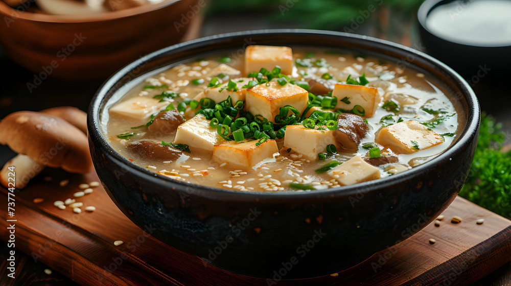 close up of Matsutake Mushroom and Tofu Soup in bowl, Food Photography