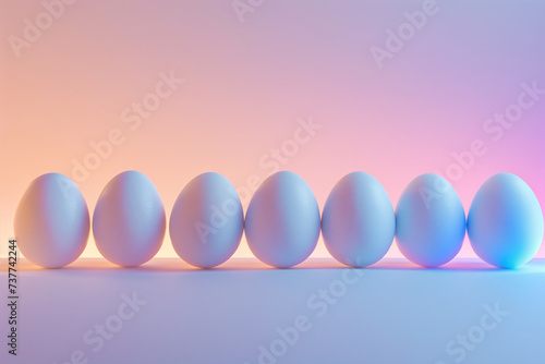 Row of evenly spaced white chicken eggs on a surface with a soft pink and blue gradient background  creating a minimalist aesthetic.