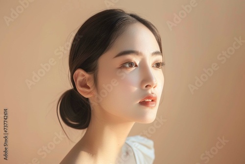 Young Asian woman with clean healthy glowing skin in white top isolated on beige background. Facial skin care concept  spa  cosmetology  plastic surgery